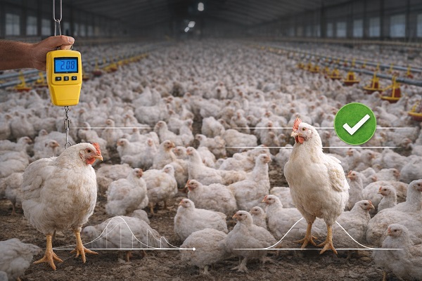 یکنواختی وزن گله مرغ گوشتی در سالن پرورش صنعتی